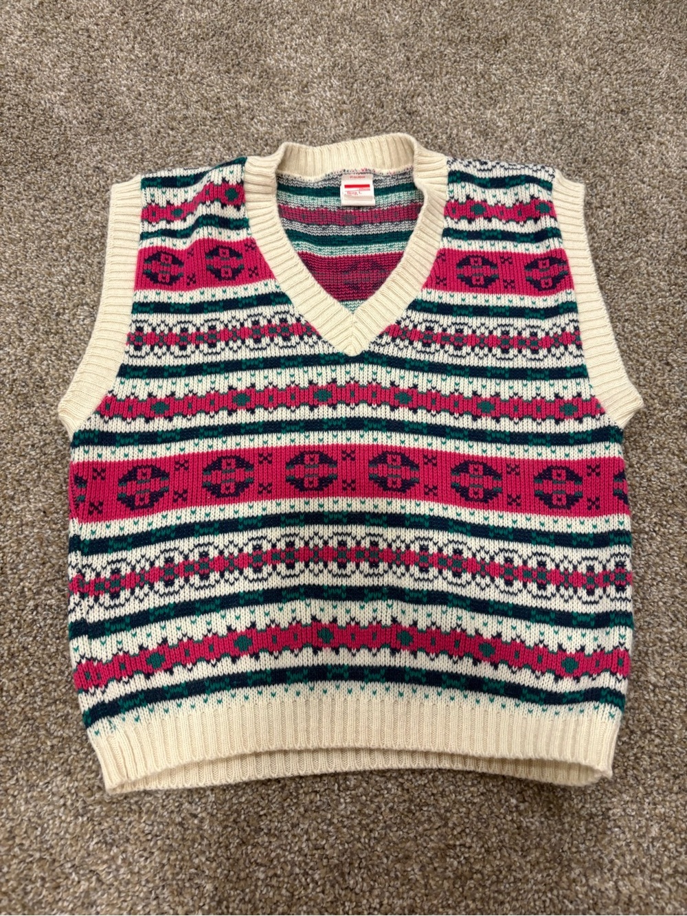 jcpenney Cream V-Neck Fair Isle Sweater Vest with Pink and Green Stripes